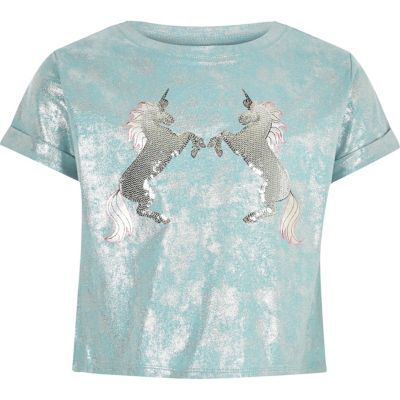 Girls light blue unicorn cropped T-shirt